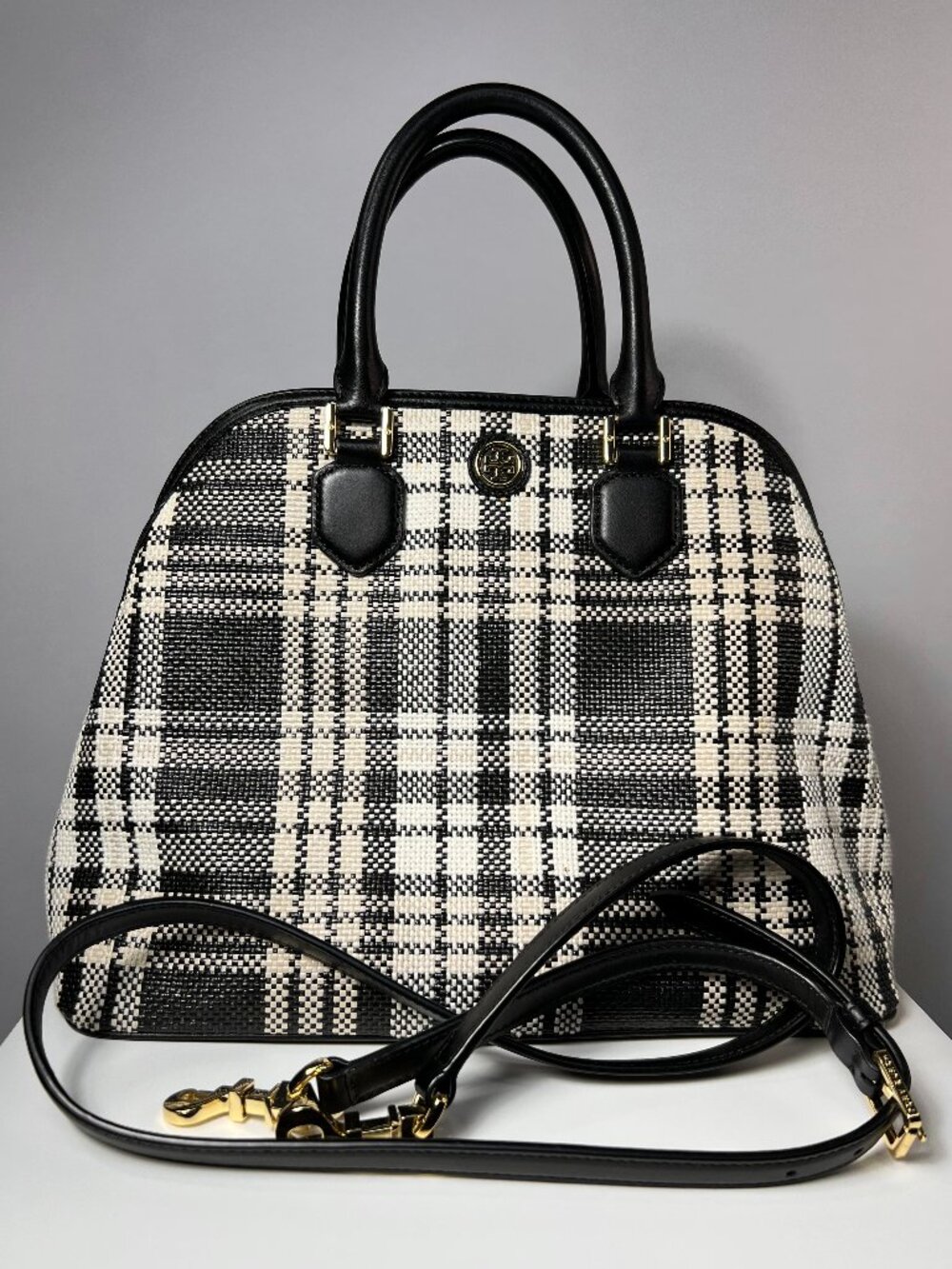 TORY BURCH Robinson Woven Plaid Open Dome Satchel - Black/Beige/White